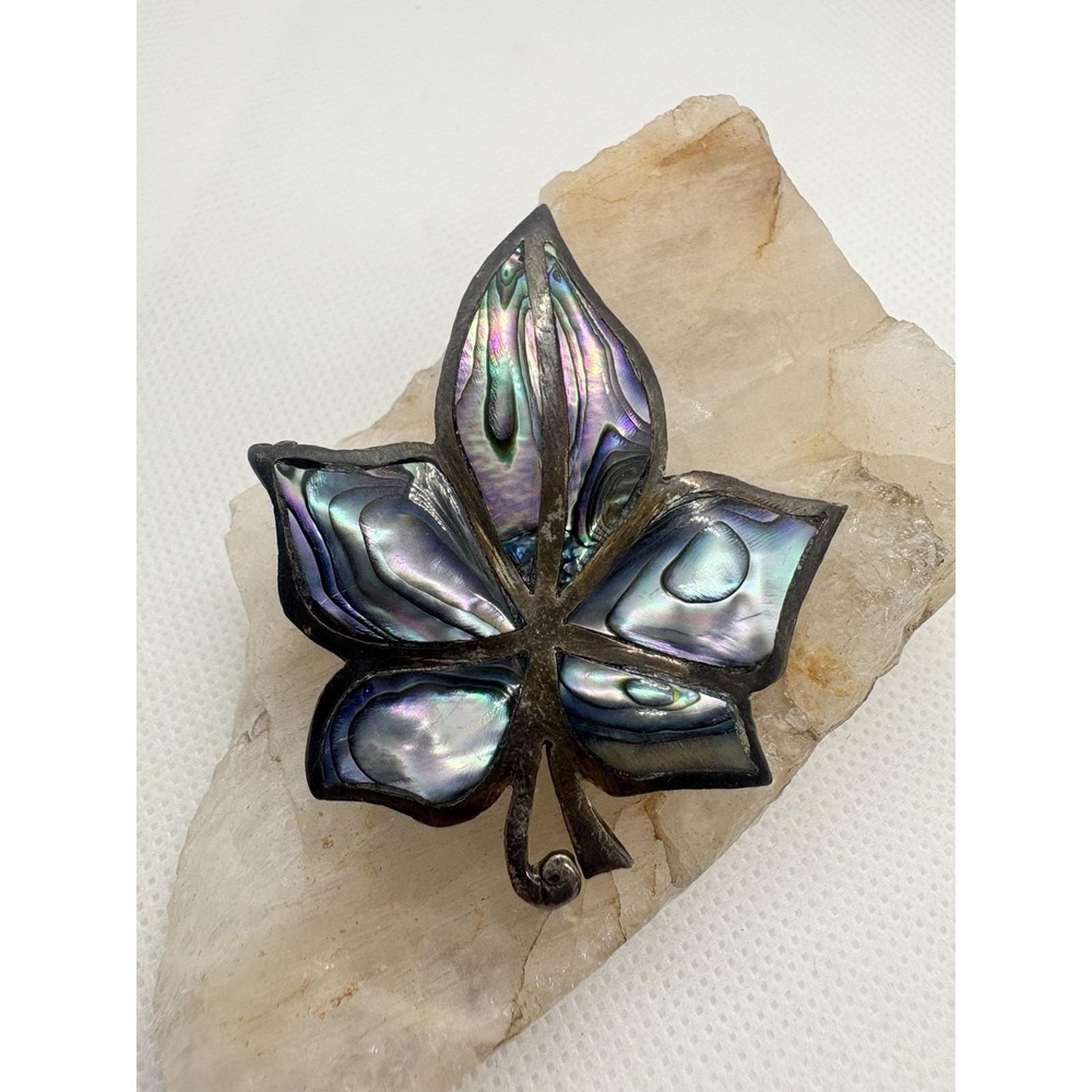 Sterling Silver‎ Abalone Inlay Leaf Brooch Pin MSR 925 Mexico Vintage Patina
